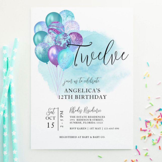 Turquoise Ballons violets Invitation 12e anniversa (Créateur téléchargé)