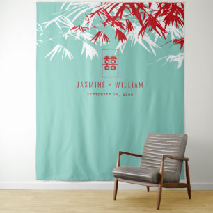Turquoise Bamboo Leaves Chinese Wedding Backdrop Tapestry