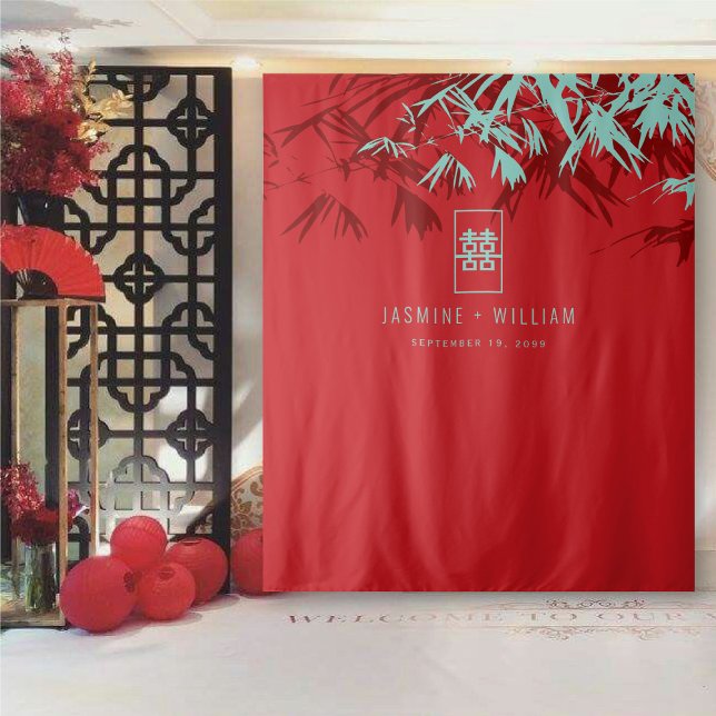 Turquoise Bamboo Leaves Chinese Wedding Backdrop Tapestry (Red & Turquoise Bamboo Leaves, Double Happiness Chinese Wedding Backdrop Tapestry @ fatfatin_mini_me)