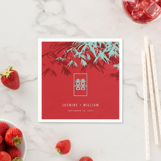 Turquoise Bamboo Leaves Double Xi Chinese Wedding Napkin (Insitu)
