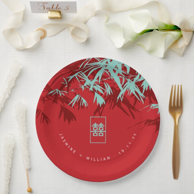 Turquoise Bamboo Leaves Double Xi Chinese Wedding Paper Plate (Wedding)