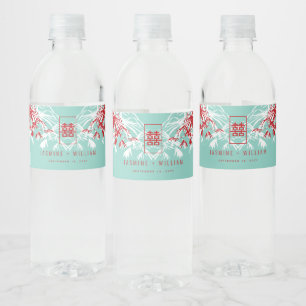 Turquoise Bamboo Leaves Double Xi Chinese Wedding Water Bottle Label