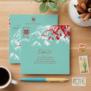 Turquoise Bamboo Leaves Shuang Xi Chinese Wedding  Envelope