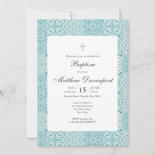 Turquoise Baptism invitation with trendy tiles. (Front)