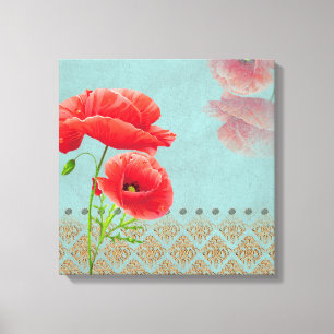 Turquoise Baroque Poppies - Wrapped Canvas