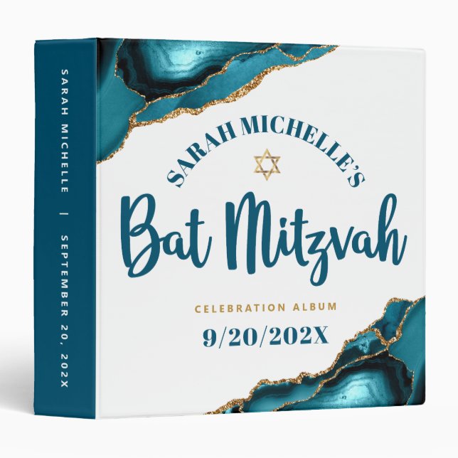 Turquoise Bat Mitzvah Agate Gold Script Keepsake Binder (Front/Spine)