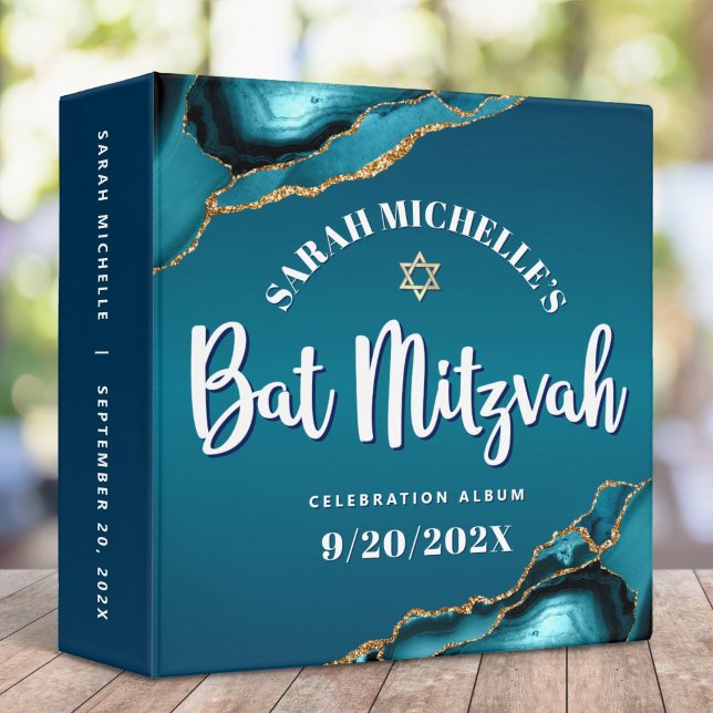 Turquoise Bat Mitzvah Agate Ombre Script Keepsake Binder (Creator Uploaded)