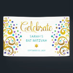 Turquoise Bat Mitzvah Gold Foil Script Tree o Life Banner<br><div class="desc">Be proud, rejoice and showcase this milestone of your favourite Bat Mitzvah! Hang up this stunning, modern, stylish, personalized banner to add to her special day. Sparkly, gold, faux foil calligraphy script, turquoise blue typography, and two abstract, graphic faux gold foil trees with sparkly teal, turquoise, blue, and purple Star...</div>