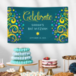Turquoise Bat Mitzvah Gold Script Tree of Life Banner<br><div class="desc">Be proud, rejoice and showcase this milestone of your favourite Bat Mitzvah! Hang up this stunning, modern, stylish, personalized banner to add to her special day. Sparkly, gold, faux foil calligraphy script, light pink typography, and two abstract, graphic, gold foil trees with sparkly turquoise, teal, purple and blue Star of...</div>