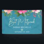 Turquoise Bat Mitzvah Pink Floral Gold Script Bold Banner<br><div class="desc">Proudly welcome every guest of your daughter’s Bat Mitzvah party! Hang up this stunning, modern, stylish, personalized banner to add to her special day. A chic, stunning, pink and peach floral watercolor with faux gold foil script typography, Star of David and white sans serif type overlay a dusty turquoise teal...</div>