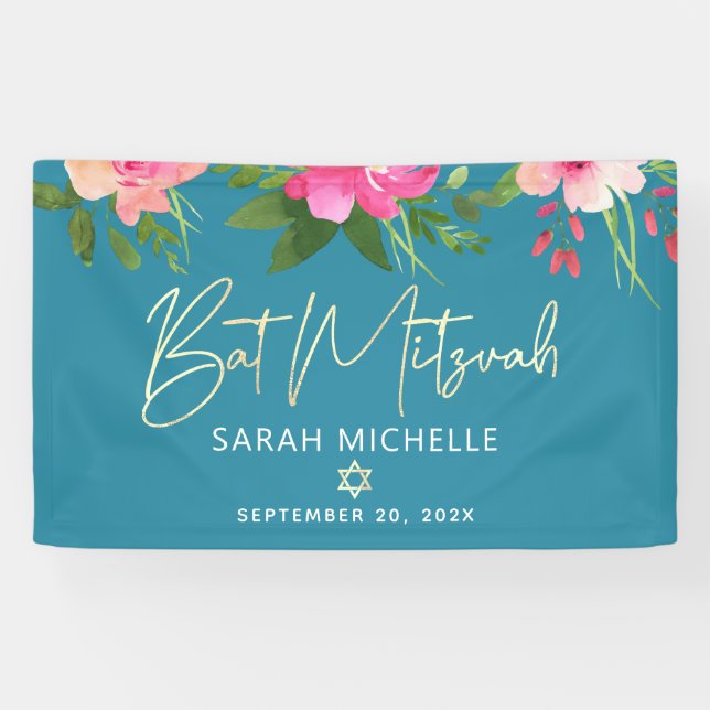 Turquoise Bat Mitzvah Pink Floral Gold Script Bold Banner (Horizontal)