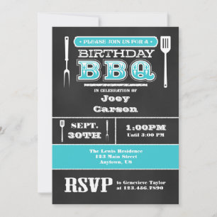 Turquoise BBQ Birthday Chalkboard Invitation