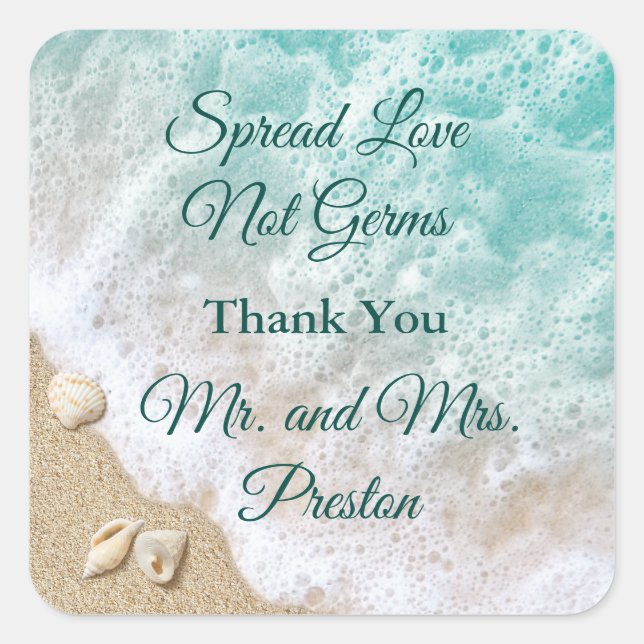 Turquoise Beach Waves Spread Love Hand Sanitizer Square Sticker (Front)