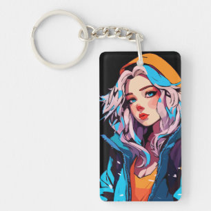 Turquoise Beauty: Hand-Drawn Anime Girl Keychain