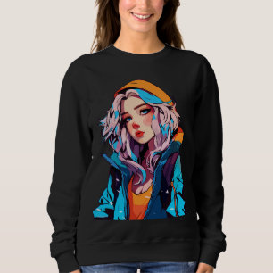 Turquoise Beauty: Hand-Drawn Anime Girl Sweatshirt