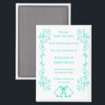 Turquoise Bells Scrollwork Wedding Save The Date Magnet<br><div class="desc">Wedding save the date magnet bells design. Customise this turquoise coloured wedding save the date magnet with your wedding details. Should you require any help with customising then contact us through the link on this page. Blue coloured bells design personalised wedding save the date magnet</div>
