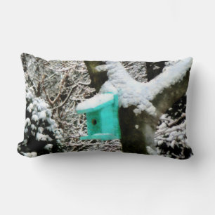 Turquoise Birdhouse in Winter Lumbar Pillow
