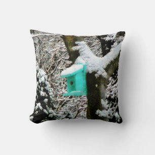 Turquoise Birdhouse in Winter Throw Pillow