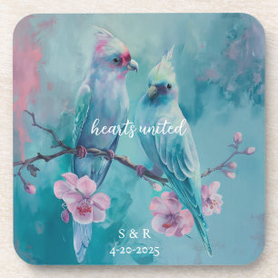 Turquoise Birds Hearts United Hard plastic coaster