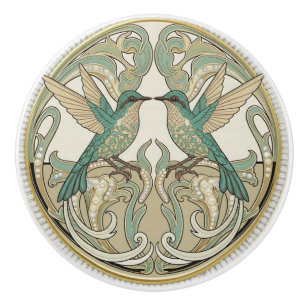 Turquoise Birds Sage Green Gold Art Deco Nouveau Ceramic Knob