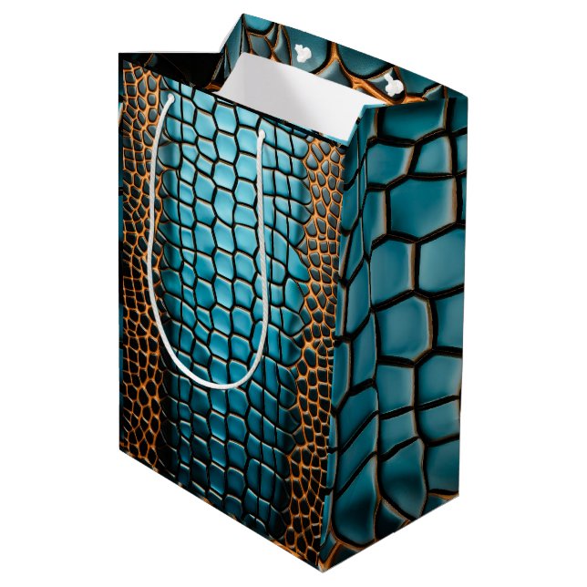 Turquoise Black and Gold Reptile Scale Pattern Medium Gift Bag (Back Angled)