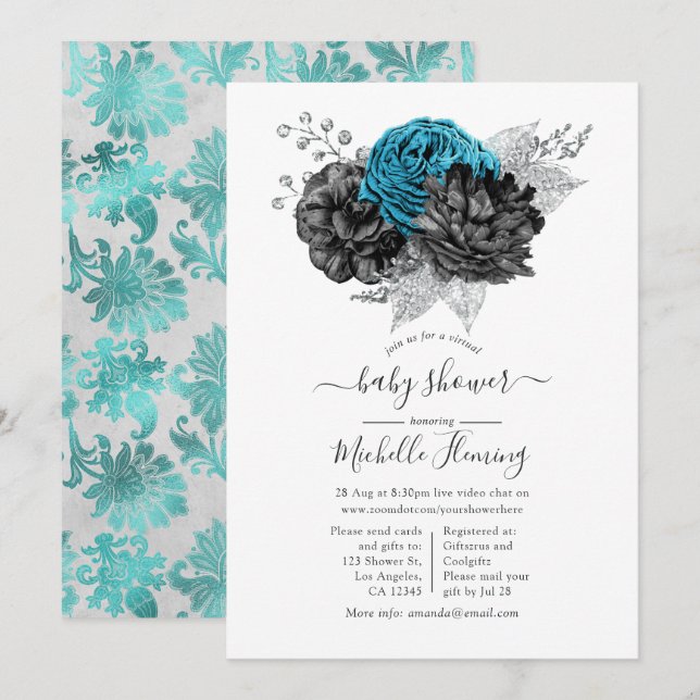 Turquoise, Black and Silver Shower Invitation (Front/Back)