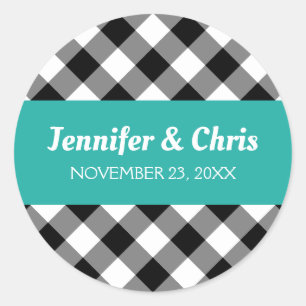 Turquoise Black and White Buffalo Plaid Wedding Classic Round Sticker