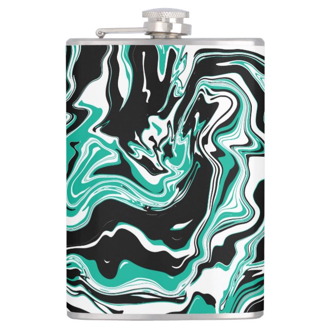 Turquoise, Black and White Marble Fluid Art    Hip Flask (Front)