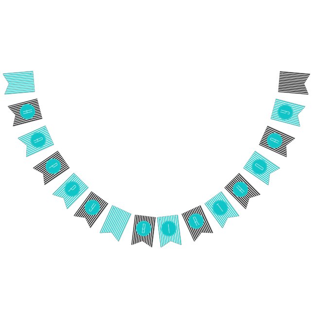 Turquoise black and white stripes Happy Birthday  Bunting Flags (All)