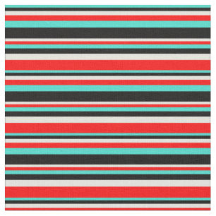 Turquoise, Black, Beige, and Red Coloured Stripes Fabric