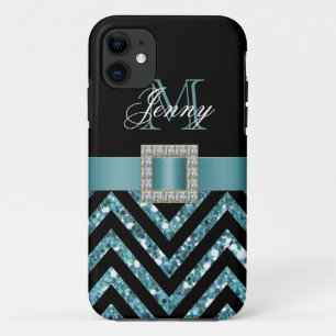 TURQUOISE BLACK CHEVRON GLITTER GIRLY iPhone 11 CASE