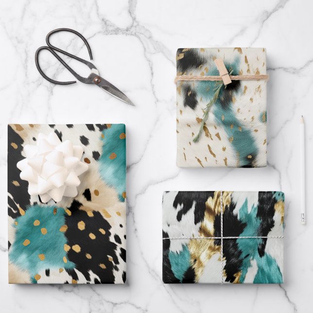Turquoise Black Cream Gold Western Cowgirl Cowhide Wrapping Paper Sheet (Front)