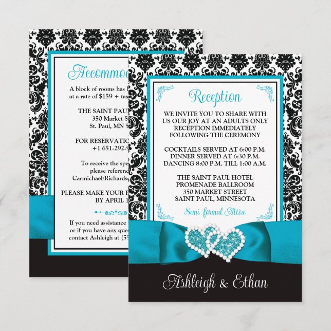Turquoise, Black Damask, Love Hearts Enclosure RSVP Card (Front/Back)