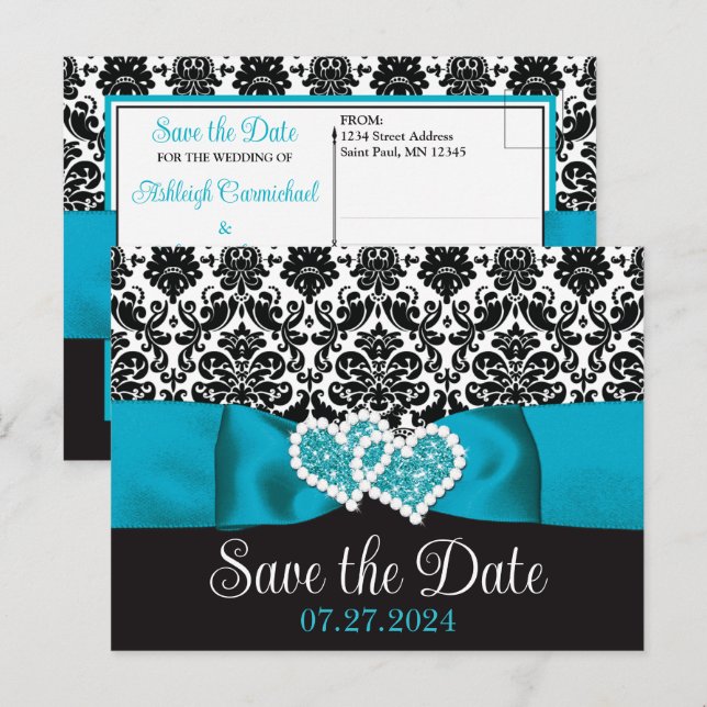 Turquoise, Black Damask Love Hearts Save the Date Postcard (Front/Back)