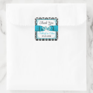 Turquoise, Black Damask Love Hearts Wedding Favour Square Sticker