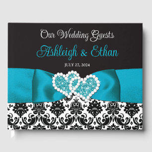 Turquoise, Black Damask Love Hearts Wedding Guest Book