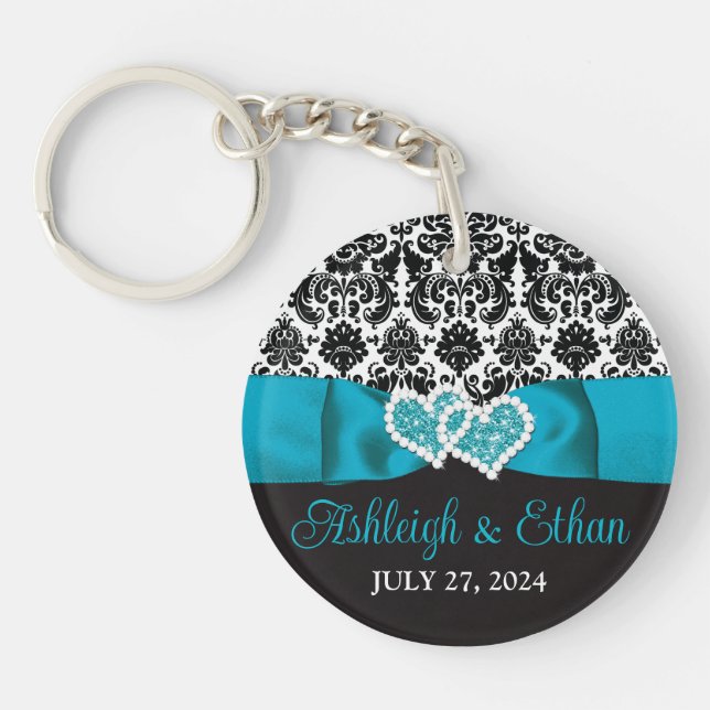 Turquoise, Black Damask Love Hearts Wedding Keychain (Front)