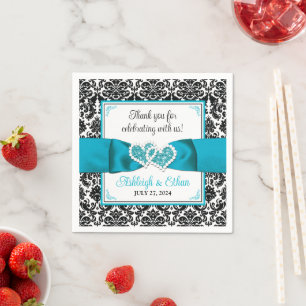 Turquoise, Black Damask Love Hearts Wedding Napkin