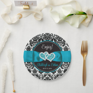 Turquoise, Black Damask Love Hearts Wedding Paper Plate