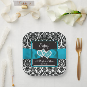 Turquoise, Black Damask Love Hearts Wedding Paper Plate