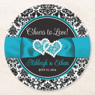 Turquoise, Black Damask Love Hearts Wedding Round Paper Coaster
