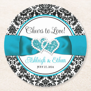 Turquoise, Black Damask Love Hearts Wedding Round Paper Coaster