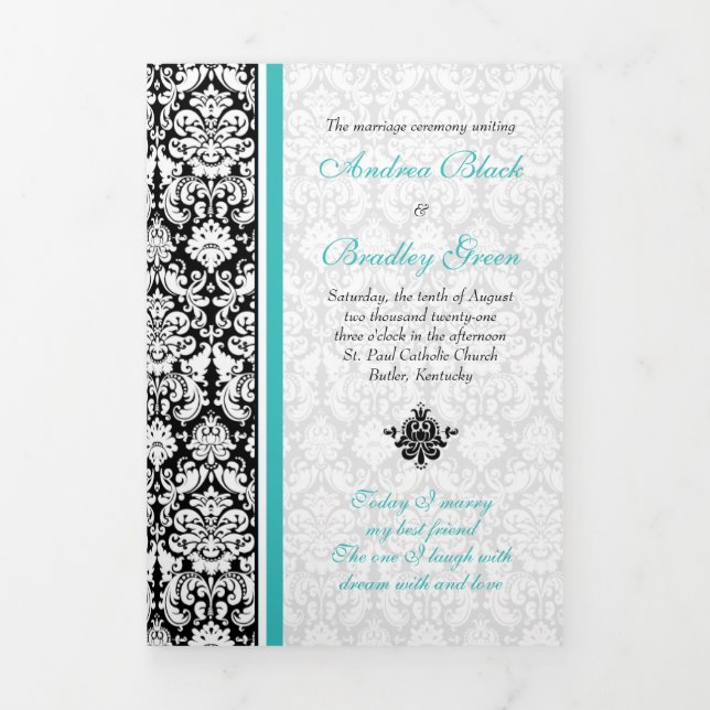 Turquoise Black Damask Tri-Fold Wedding Programme (Page de couverture)