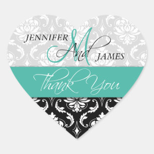 Turquoise Black Damask Wedding Favour Heart Sticke Sticker