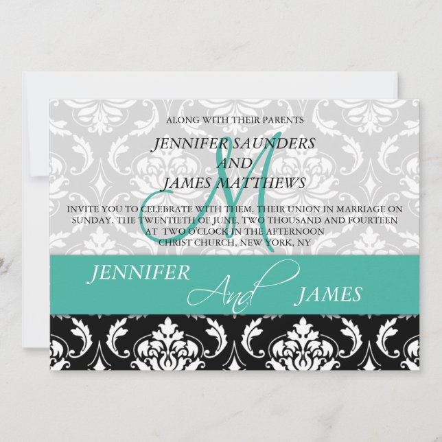 Turquoise Black Damask Wedding Invitation Monogram (Front)