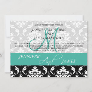 Turquoise Black Damask Wedding Invitation Monogram