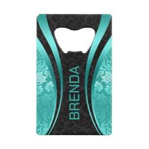 Turquoise & Black Geometric Design Damask Accent Credit Card Bottle Opener