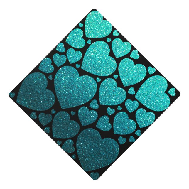 Turquoise Black Glitter Ombre Sparkle Girly Hearts Graduation Cap Topper (Front)