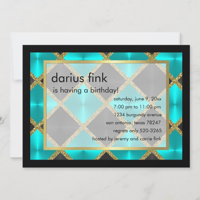 Turquoise Black Gold Birthday Party Invitation (Front)