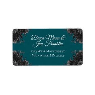 Turquoise Black Grey Roses Gothic Wedding Label